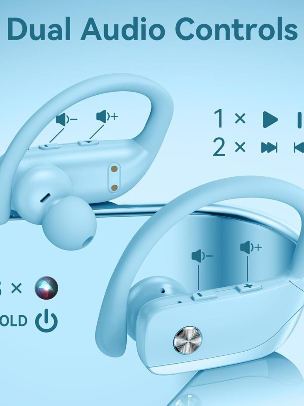 Sky Blue Wireless Earbuds Bluetooth LED Display Ear-hooks Built-in Mic Headset - Picture 4 of 6